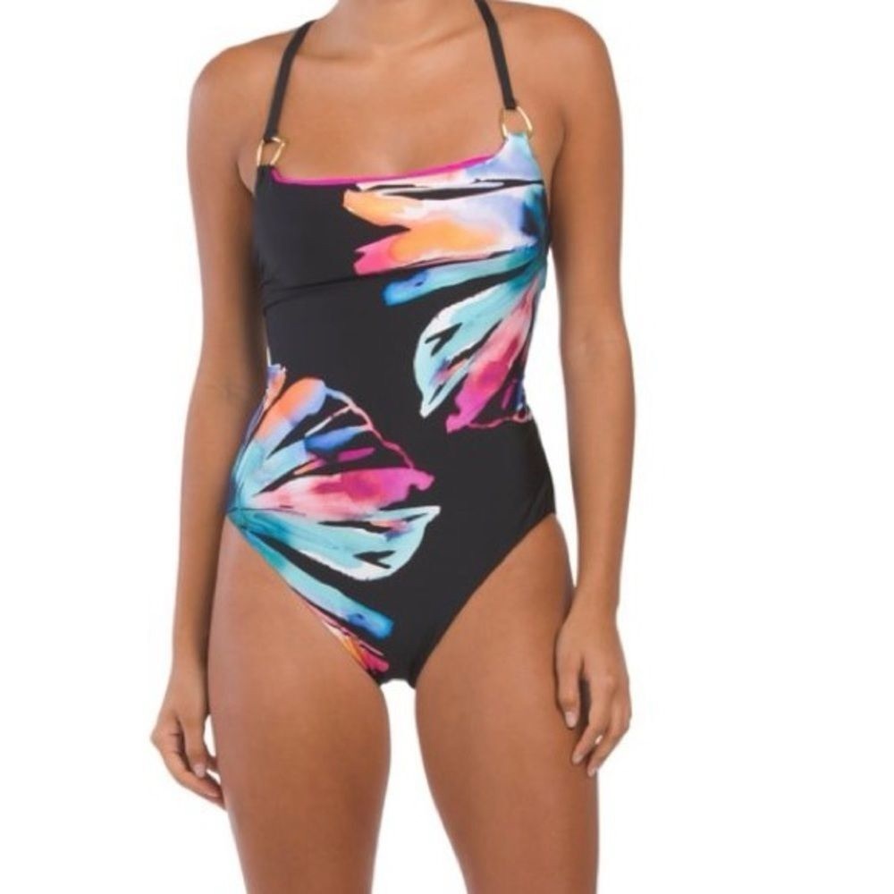 La Blanca Black One-Piece Swimsuit with Multicolor Floral Print